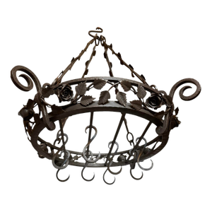 Vintage Wrought Iron Hanging Pot Rack With Hand Forged Roses and Vines