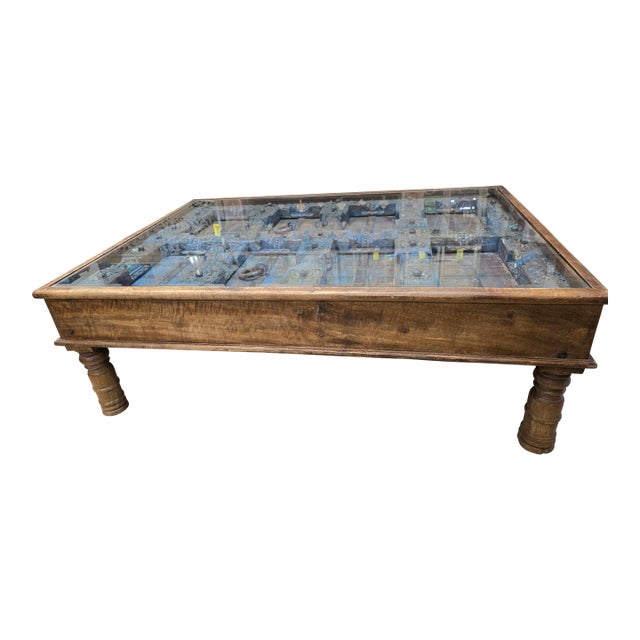 Antique Door Coffee Table With Glass Top For Sale