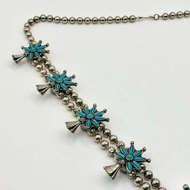 American 1960s Vintage Southwestern Zuni Native American Sterling & Turquoise Squash Blossom Beaded Necklace, 27” For Sale - Image 3 of 12