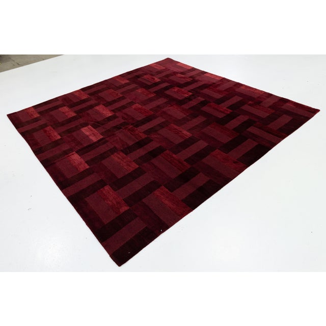 Modern Modern Tibetan Hand-Knotted Wool and Silk Rug in Burgundy Basketweave Pattern For Sale - Image 3 of 10