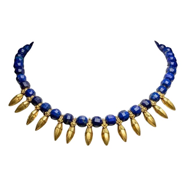 1990s Faceted Lapis Lazuli Beaded Necklace with 22K Gold Spears For Sale