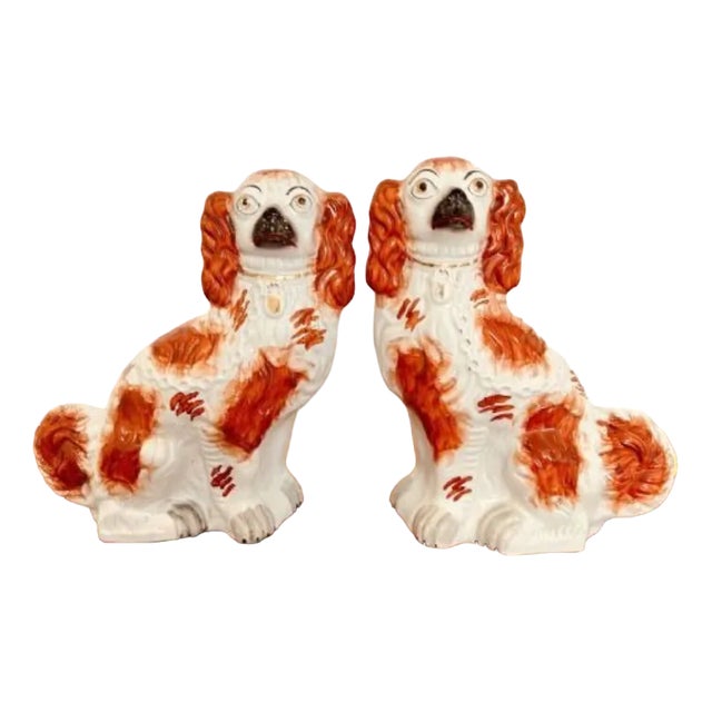 Large Antique Victorian Seated Spaniel Figurines, 1880, Set of 2 For Sale