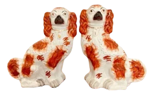 Large Antique Victorian Seated Spaniel Figurines, 1880, Set of 2