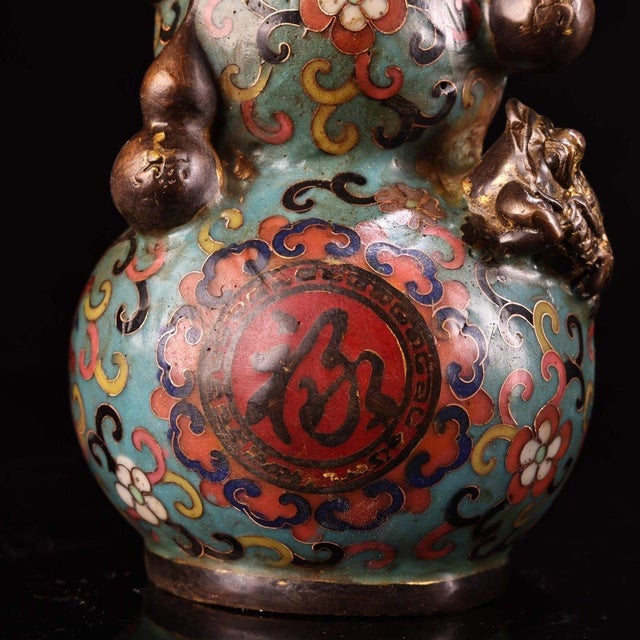 Vintage Cloisonne Enamel Gourd Vase – 8.3" Auspicious Double Gourd Sculpture For Sale - Image 9 of 9