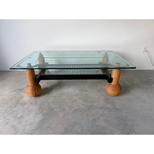1980s Italian Postmodern Sculptural Turned Wood & Glass Two-Tier Rectangular Coffee Table For Sale - Image 16 of 17