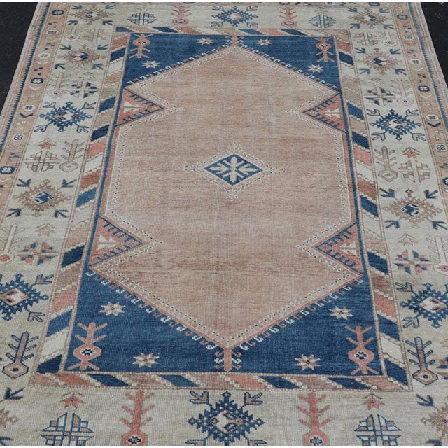 Measures: 5'7 x 7'8 Vintage Turkish Oushak Rug With Elegant Blue and Soft Peach Motifs 5'7 x 7'8. Keivan Woven Arts / Rug...