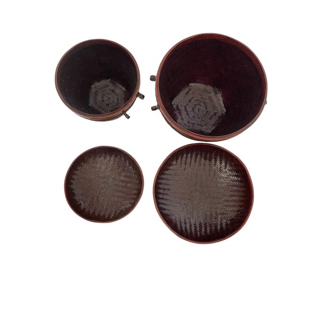 Vintage 2 Shanghai Handicrafts Bamboo Woven Round Storage Baskets W/ Lids 9.5 & 7.5”h For Sale - Image 10 of 10