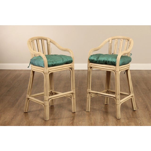 High Quality Vintage Pair of Distress Finished Rattan Bar Stools with Custom Upholstered Cushions