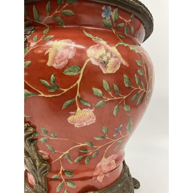 Large Chinese Porcelain Jardiniere Chinoiserie Planter Ornate Cast Metal Handles Coral Floral Cachepot For Sale - Image 4 of 9