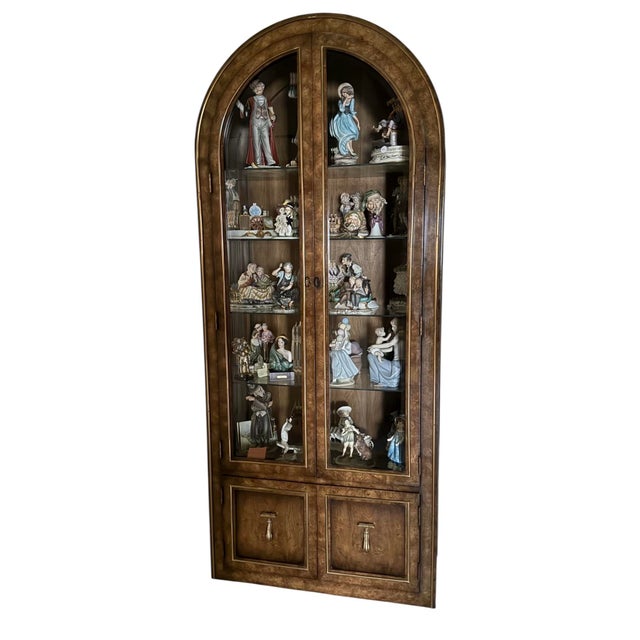1970s Mastercraft Style Arched Burl Wood Brass Glass Lighted Display Curio Cabinet For Sale - Image 11 of 11