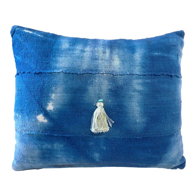 African Custom Made Lumbar Blue & White Mud Cloth Pillow 15" by 12" For Sale