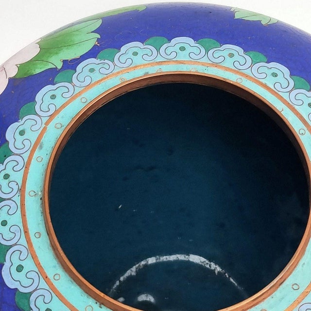 Metal Pair of Vintage Cloisonné Jars | Blue Ground Butterfly & Floral Motif With Lids For Sale - Image 7 of 9