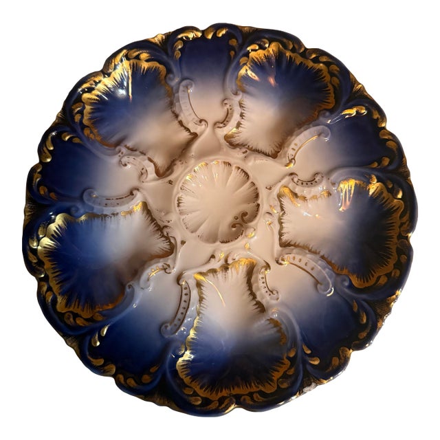 Mid 19th Century Rare Beautiful Hand Painted Limoges Oyster Plate Cobalt Blue and Gold For Sale
