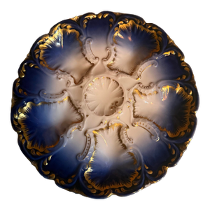 Mid 19th Century Rare Beautiful Hand Painted Limoges Oyster Plate Cobalt Blue and Gold