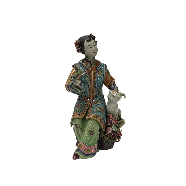 Asian Chinese Porcelain Qing Style Dressing Bird Dog Lady Figure For Sale - Image 3 of 6