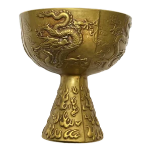 Antique 1900s Small Chinese Qing Dynasty Gilded Bronze Drinking Vessel Dragon Goblet