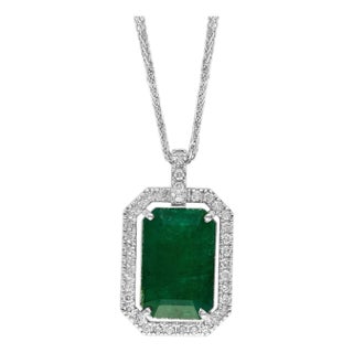 GIA Certified 8 Ct Natural Emerald Cut Emerald & Diamond Pendant, 14KWG Chain For Sale