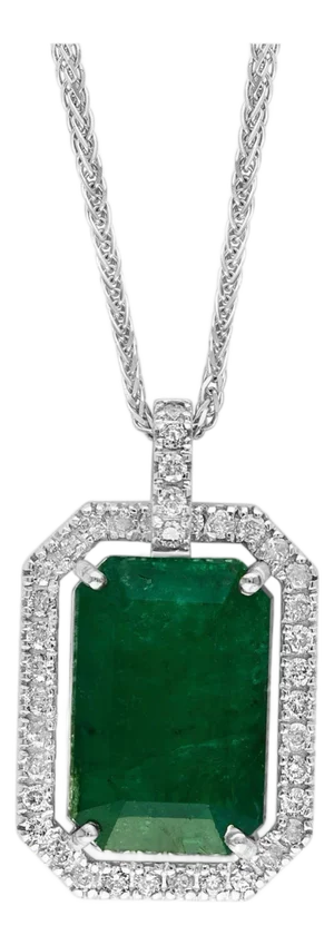 GIA Certified 8 Ct Natural Emerald Cut Emerald & Diamond Pendant, 14KWG Chain