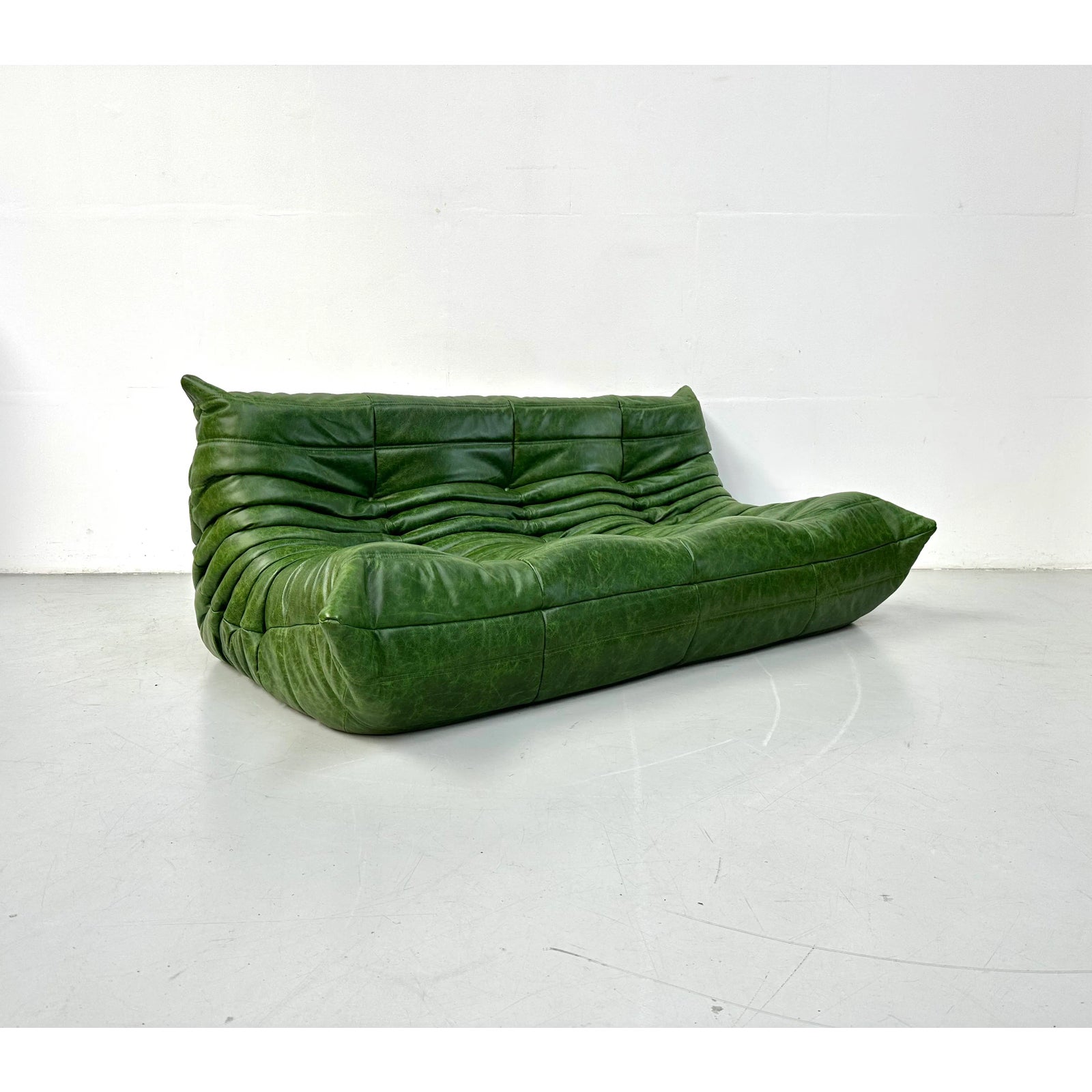 French Togo 3-Seater Sofa in Forest Green Leather attributed to Michel Ducaroy for Ligne Roset