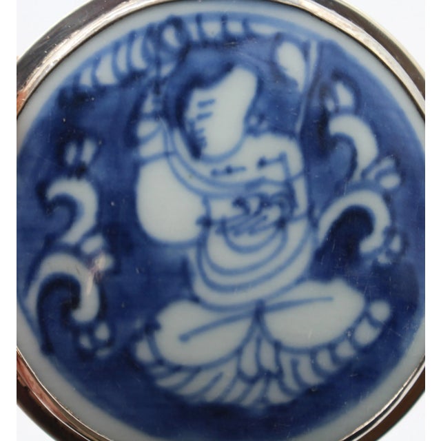 Early 20th Century Dog God in Blue Underglaze Porcelain & Sterling Pendant, Marked Siam, 925, and Sterling For Sale - Image 5 of 6