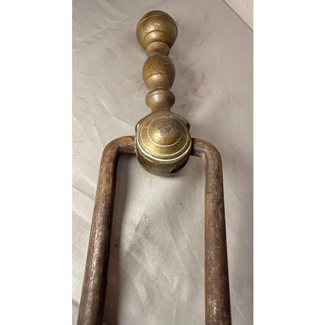 Brass Antique 18th Century Wrought Iron Turned Brass English Fireplace Tongs Tool 28 For Sale - Image 8 of 10