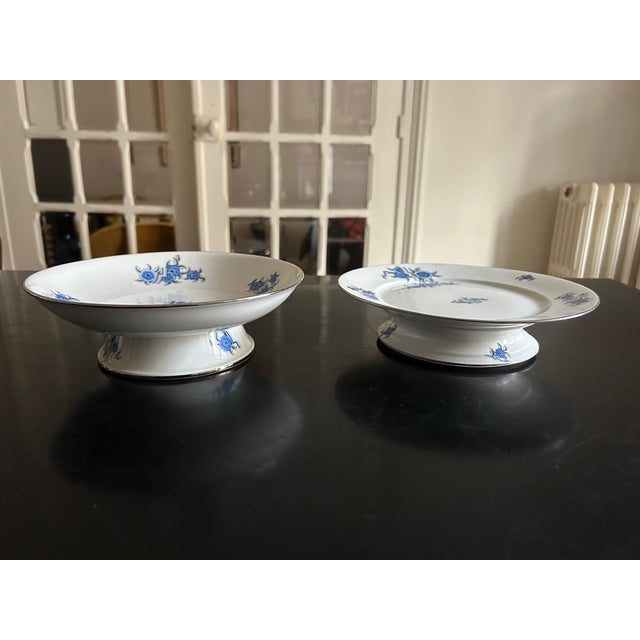 Two fine porcelain dishes from the 1930s, hand-painted decoration, made by F. Legrand & Cie: Compote dish, diameter 23cm,...
