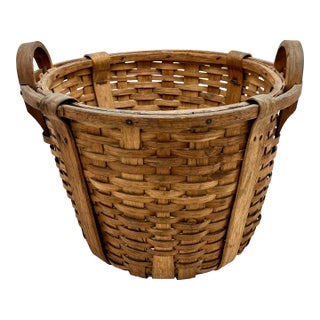 Large Size Substantially Made Antique American Hand Woven Ash Wood Splint Maine Apple Farm Basket For Sale