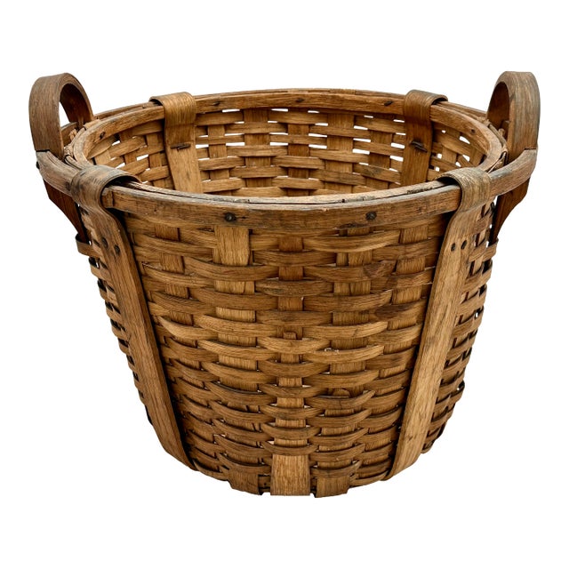 Large Size Substantially Made Antique American Hand Woven Ash Wood Splint Maine Apple Farm Basket For Sale
