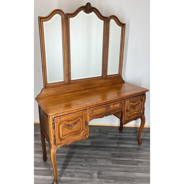 Vintage French Louis Style Oak Dressing Table with Mirror For Sale - Image 11 of 11