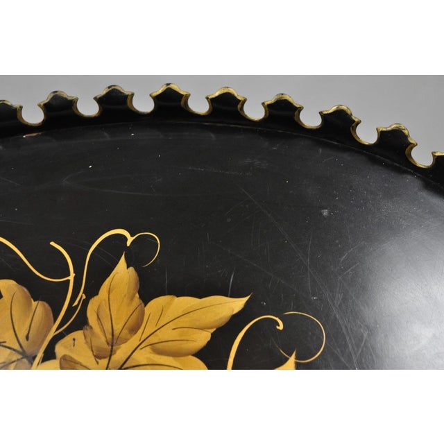 Vintage French Country Black and Gold Hand Painted Oval Toleware Serving Tray For Sale - Image 13 of 15