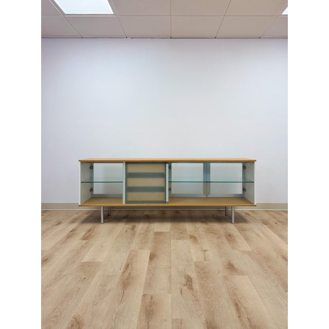 Modern MCM Wood Glass Metal Sideboard Credenza White Natural Frosted Glass For Sale - Image 11 of 13