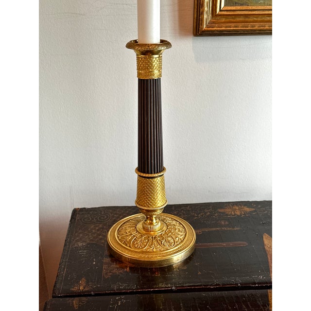 Traditional Early 19th Century Single Empire Gilt Bronze Period Candlestick as Lamp For Sale - Image 3 of 18