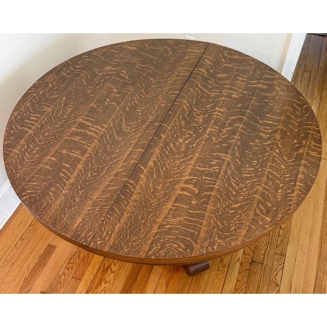 Victorian Antique Arts & Crafts Tiger Oak Dining Table on Pedestal Base With 54" Round Top For Sale - Image 3 of 9