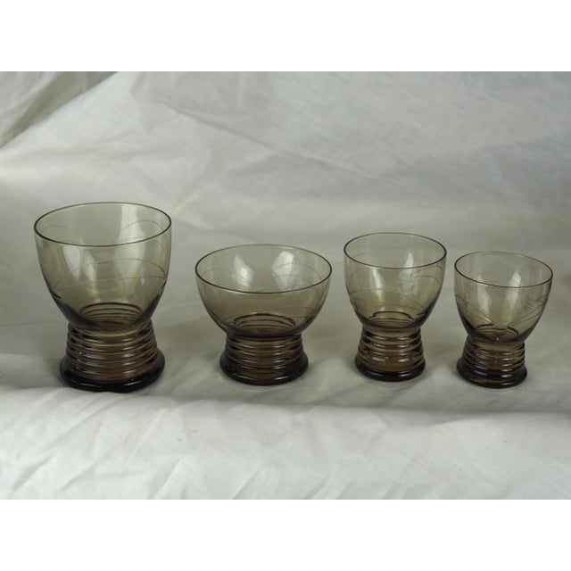 1970s French Smoked Blown Engraved Glasses- Set of 17 For Sale - Image 4 of 13