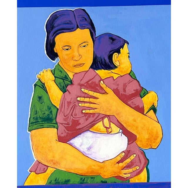 The acrylic painting titled "Motherly Love" by Marie Straw. A depiction captures a woman embracing a child, rendered in...
