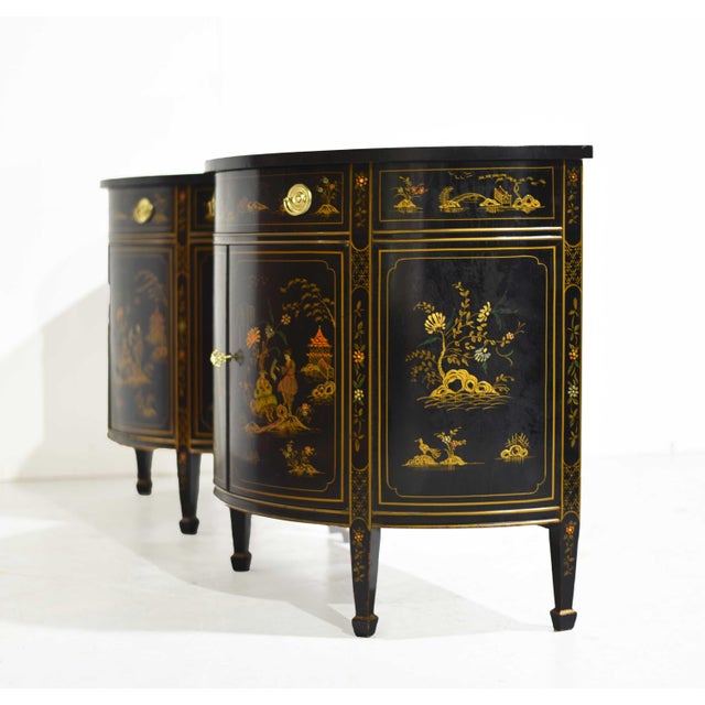 Black Mid Century French Chinoiserie Leather Top DemiLune Commode - A Pair For Sale - Image 8 of 14