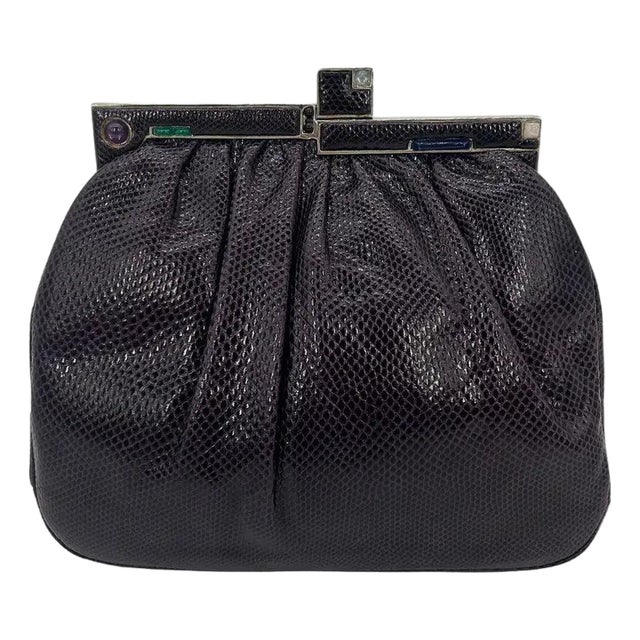 Late 20th Century Judith Leiber Dark Purple Lizard Clutch For Sale
