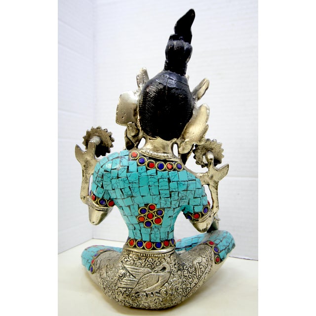 Silver Mid-Century Tibetan-Style Inlaid Brass Green Tara Statue – 11" H For Sale - Image 8 of 18