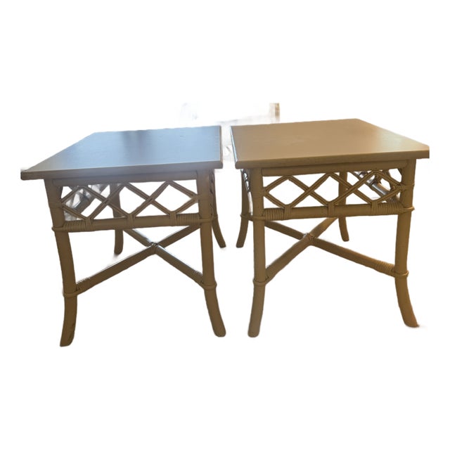 Ficks Reed 2 End Tables Distressed Pineapple Bamboo White Formica Top For Sale