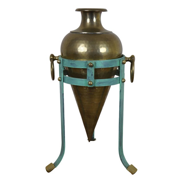 Late 20th Century Hammered Brass Amphora Vase & Three Leg Verdigris Pedestal Stand For Sale