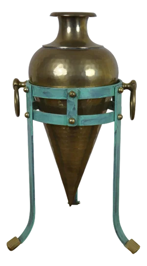 Late 20th Century Hammered Brass Amphora Vase & Three Leg Verdigris Pedestal Stand