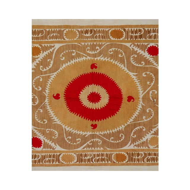 1960s Uzbek Suzani Textile, Square Red and Camel Table Cover in Red Tones 4'2'' X 4'9'' For Sale - Image 5 of 16