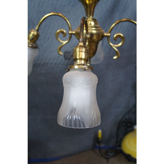 Late 19th Century Antique Victorian Brass 4 Light Parlor Pendant Light Chandelier 28" For Sale - Image 5 of 14