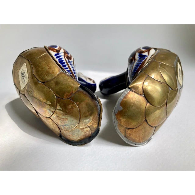 1970s Mexican Folk Art Brass and Ceramic Ducks - a Pair For Sale - Image 9 of 13