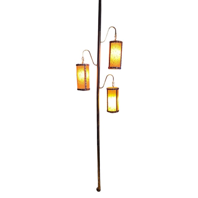 Mid-Century Modern 1960s 3-Light Tension Pole Lamp With Amber Lantern Shades For Sale - Image 4 of 8