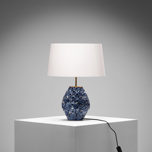 Perforated Blue and White Glazed Stoneware Table Lamp, Denmark, 1960s For Sale - Image 3 of 9