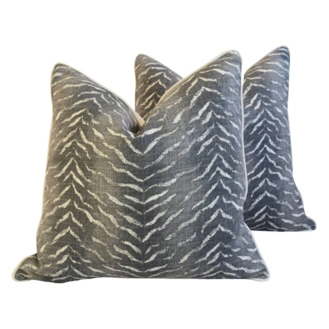 Charcoal Gray & Cream Animal Tiger Stripe Feather/Down Pillows 24" Square - Pair For Sale - Image 4 of 4