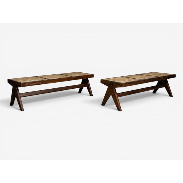 Wood Pierre Jeanneret, Three Seat Benches, Teak, Cane, Chandigarh, India, 1960s For Sale - Image 7 of 16