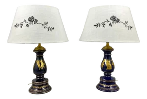 Vintage Cobalt Blue Porcelain Table Lamps, Set of 2