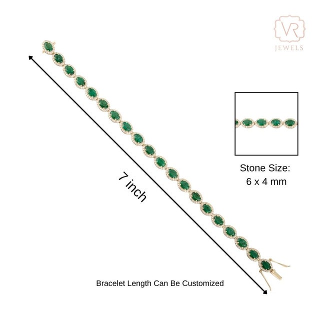 Dark Green Luxury 8.55ct Emerald Diamond Halo Vintage Tennis Bracelet 18k Yellow Gold For Sale - Image 8 of 13